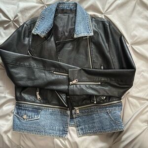 Vegan Leather With Denim Trim Moto Jacket